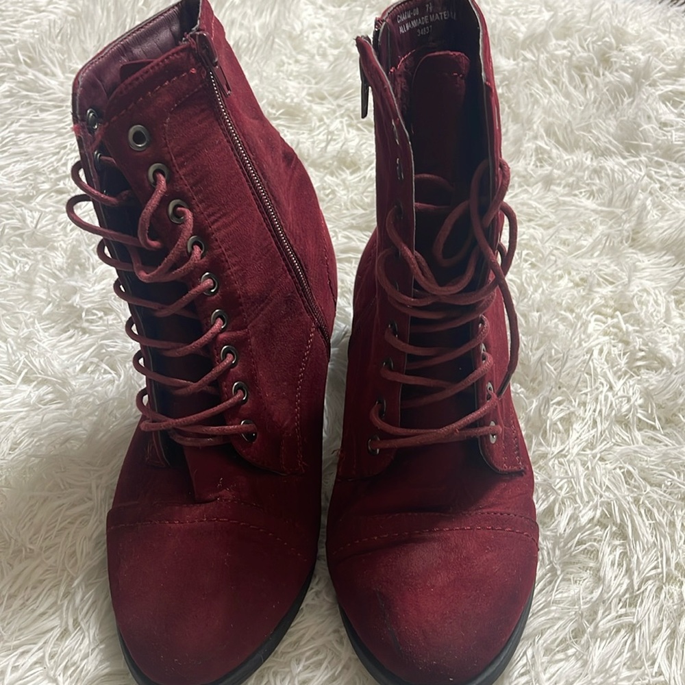 Burgundy combat boots style